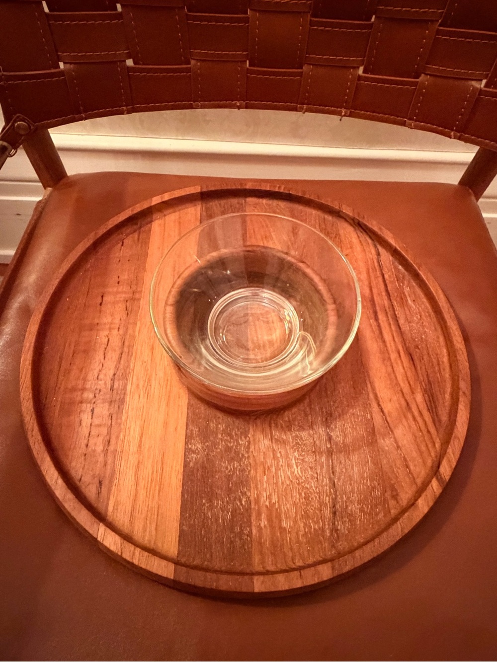 Dansk Clear Dip Platter with Glass Bowl with Brown Wood Tray